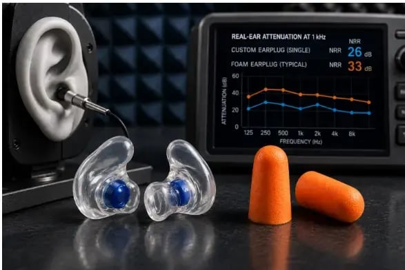 Custom earplugs and foam earplugs compared using a real-ear noise attenuation test