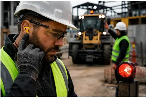 Worker fitting an earplug while working around heavy machinery